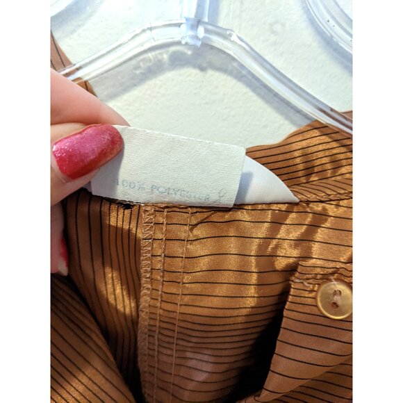 Vintage 80s Metallic Bronze Striped Blouse Button Up Satin Retro Party Fall 14 - Picture 10 of 11